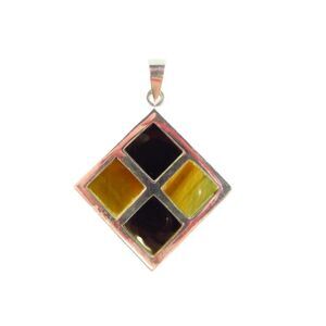 Vintage Kite Form Sterling Pendant Inlaid Tigers Eye & Onyx 2" Drop